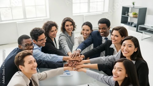 Diverse business team joining hands in meeting, symbolizing unity and collaboration