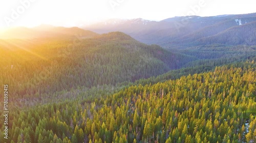 Aerial Drone Sunset Over Umpqua National Forest Oregon