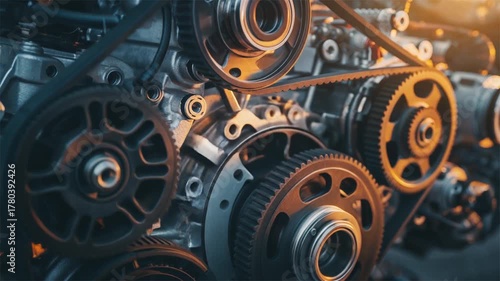 Modern automotive engine gears closeup reveal intricate engineering, precision metal parts, and dynamic timing belt system in warm industrial lighting.