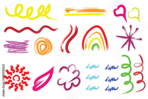 Colorful abstract brush strokes and doodle shapes, Vibrant artistic paint lines and swirls collection, Creative multicolor brushstroke set for design backgrounds