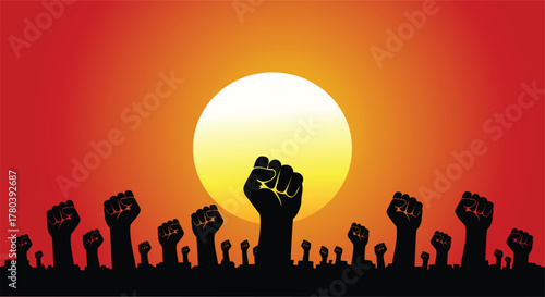 Silhouette of raised fists against a vibrant orange sunset, symbolizing power, protest, and unity vector illustration human rights