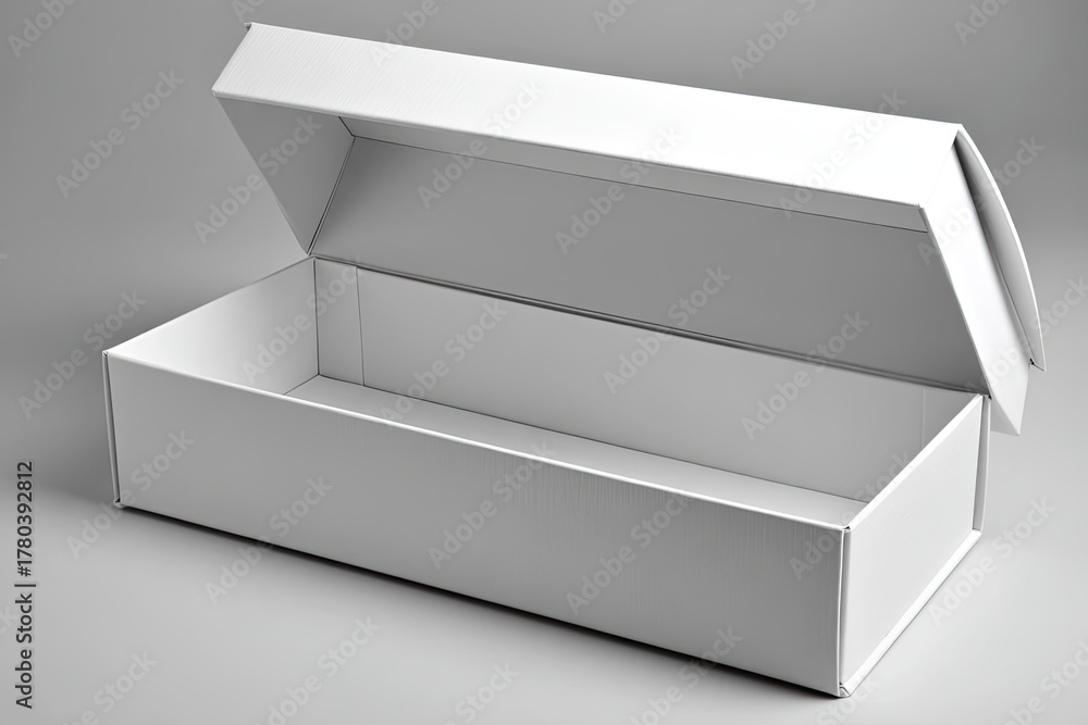 Naklejka premium Open white cardboard box, rectangular shape, empty inside, studio shot