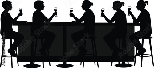 Six people silhouette, sitting at bar counter, drinking wine, social gathering vector, casual conversation artwork, lounge illustration, nightlife design, leisure scene