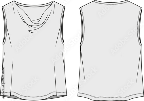 Sleeveless top flat sketch, cowl neck blouse vector, fashion design illustration, garment technical drawing, apparel construction detail, clothing template artwork