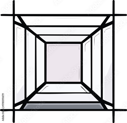 Abstract architectural perspective of a cubic structure with minimalist design and clean lines creating a sense of depth and infinite space