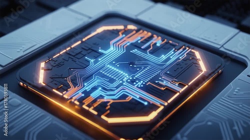 Futuristic microchip glowing circuit board technology, advanced processor, neon blue and orange lights, digital innovation, modern computing, high tech electronics.