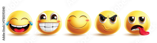 Emojis naughty characters clipart set. Emoji cute face 3d character clip art in happy, funny, mad, smiling, tired and joyful facial expression graphic elements collection vector illustration.
