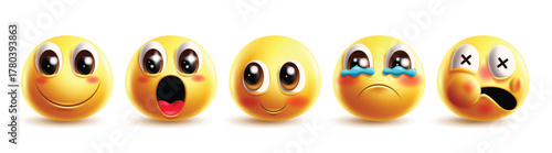 Emoji wow character emoticon clipart set. Emojis wow cute face clip art in happy, shy, crying, bruised, swollen face, teary eye and surprise facial expression for 3d icon collection vector 