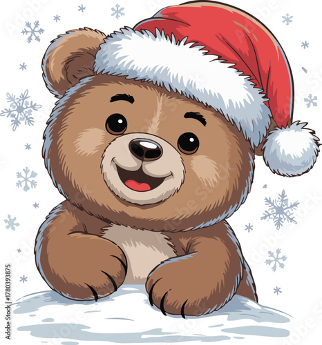 Christmas Teddy Bear with Santa Hat Vector, Winter Holiday Mascot and Snowy Background
