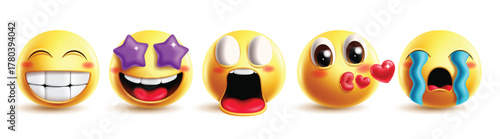 Emoji star eye character clipart set. Emojis 3d cute yellow face clip art with happy, scream, flying kiss, sob and crying facial expression emoticon collection vector illustration.

