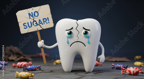 Sad cracked tooth holding a NO SUGAR! sign surrounded by candy.
