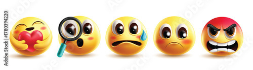 Emoji care character clipart set. Emojis caring cute face clip art with hug, searching, embarrassed, sad, mad, angry and furious graphic elements yellow emoticon collection vector illustration.

