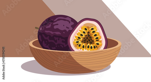 Fresh Passionfruit In A Wooden Bowl Presented With Natural Colors and Artistic Style