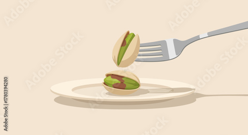 Fresh Pistachios Ready to Taste with a Fork and Placed on a Plate and Cream Background