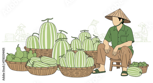 Fresh Produce Vendor Resting Beside Displays of Melons in a Traditional Market