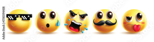 Emoji pixelated character clipart set. Emojis shouting face clip art with pixel sunglasses, embarrassed, shouting, mustache, tired and angry facial expression graphic elements collection vector 