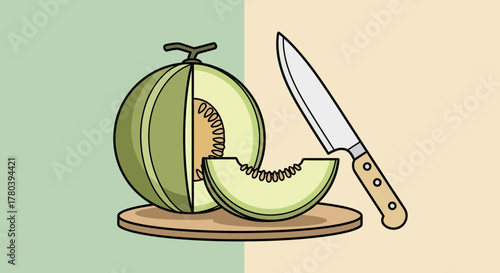 Freshly Sliced Cantaloupe on Wooden Board with Knife Illustration and Modern Style