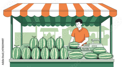 Fresh Watermelons For Sale At The Open-Air Market in Cartoon Illustration