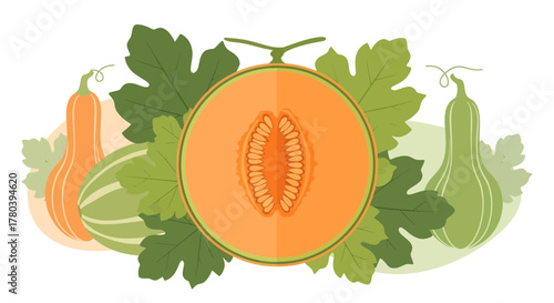 Freshly Cut Cantaloupe Surrounded By Foliage And Squashes With Abstract Aesthetic