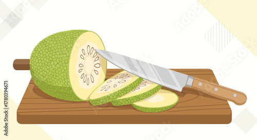 Freshly Sliced Jackfruit Fruit on Cutting Board with A Sharp Kitchen Knife Ready