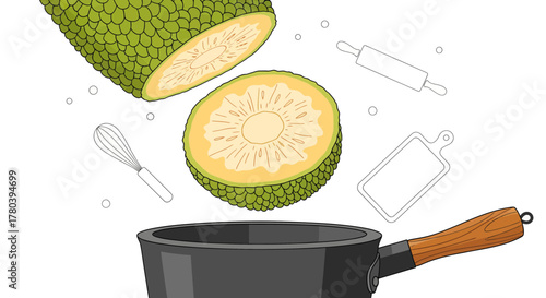 Freshly Sliced Jackfruit with Culinary Utensils Prepared For Cooking in the Kitchen