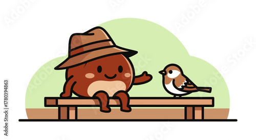 Friendly Creature Comforts: A Smiling Acorn-Like Character Interacting With a Bird