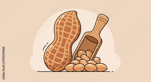 Freshly Harvested Peanuts and a Wooden Scoop in a Delightful, Artistic Illustration