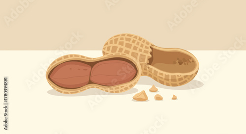 Freshly Opened Peanut Illustration Depicting Nut and Shell Isolated on Creamy Background