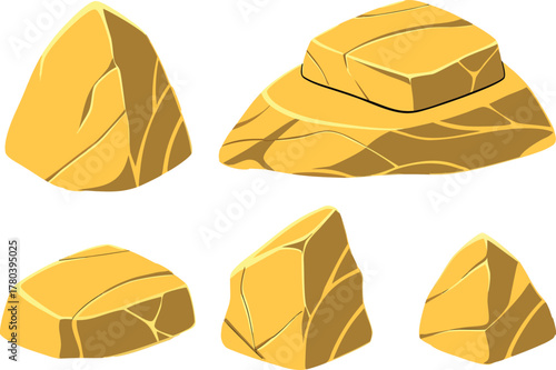 Collection of stylized cartoon rocks and stones in isometric perspective