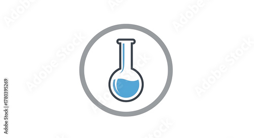 Scientific blue flask icon with liquid placed in gray circle laboratory background