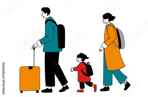 Family traveling with luggage – parents and child walking flat illustration