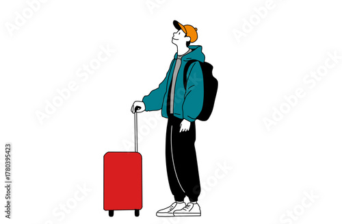 Young man traveling with suitcase, hand-drawn vector illustration