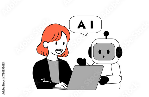 woman using AI on laptop with cute robot – simple line illustration