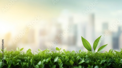 A close-up of green leaves emerging from lush grass under a soft, blurred city backdrop, This image symbolizes growth and sustainability, ideal for environmental or wellness-themed projects,
