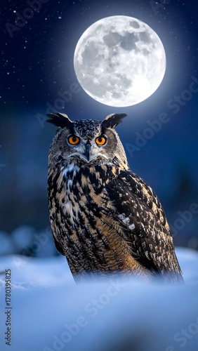 Large owl with bright orange eyes, lit by a full moon in snowy scene