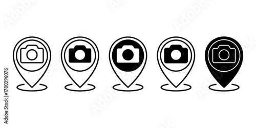 Camera Location Pin Black Icon Bundle for Photography and Travel Map Design