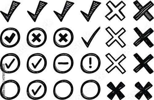 Hand drawn checkmarks and crosses symbols for approval and rejection