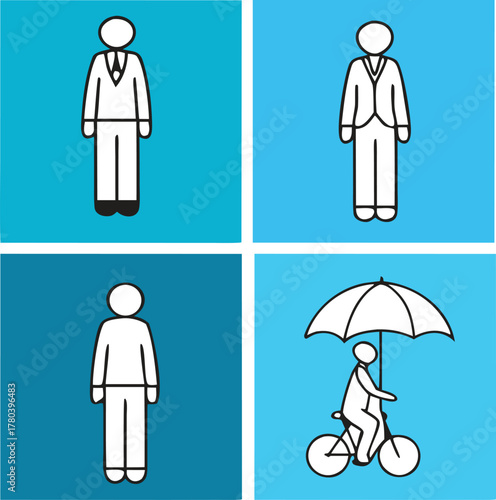Four simple stick figure icons representing different activities and professions