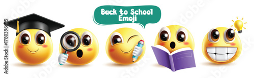 Emojis back to school characters clipart set. Back to School emoji 3d character clip art wearing mortarboard, magnifying glass and book with winking, searching and curious facial expression vector