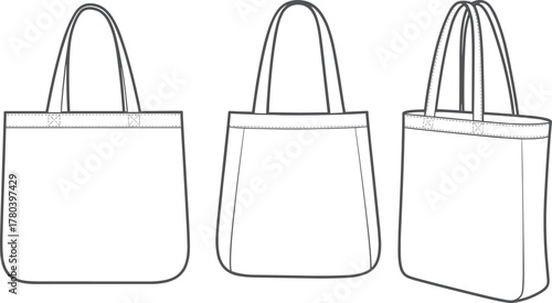 Tote bag technical sketch, front view, back view, side profile, fashion accessory, minimalist design, sewing detail, product illustration, vector outline