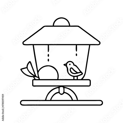 Simple line art illustration of a bird feeder with a bird perched on it