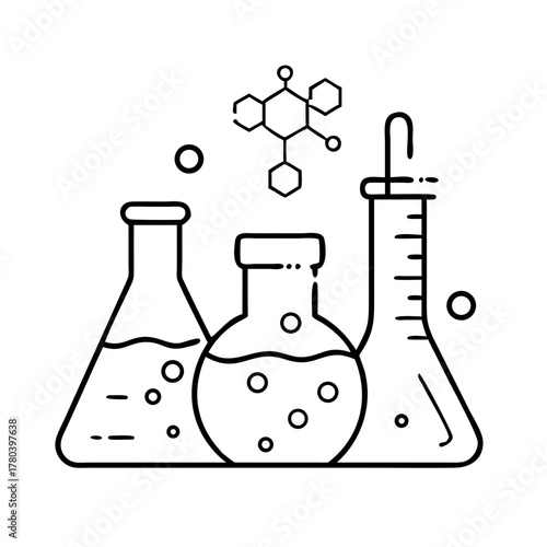 Chemistry laboratory glassware and molecular structure illustration