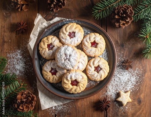 Linzer Cookies Assortment on Plate with Coniferous Branches and Anise Stars Rustic Wooden Table Top View Traditional Food Festive Season Holiday Baking