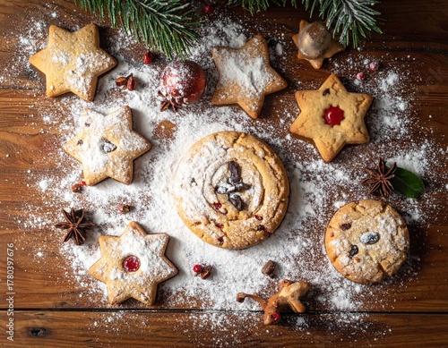 Holiday Cookies Collection with Powdered Sugar Sprinkles Various Shapes Festive Treat on Wood Tabletop with Ornaments and Evergreen Twigs Top View Culinary Still Life