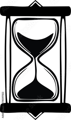Vintage hourglass icon in a simple black and white silhouette style. A classic sandglass timer symbolizing the passage of time, deadlines, and waiting