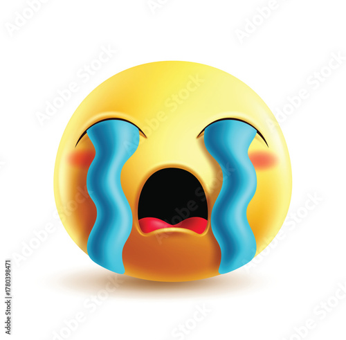 Emoji crying 3d character clipart. Emoji sob yellow clip art character with tears, grief, pain, disappointment and suffering graphic emoticon element vector illustration.
