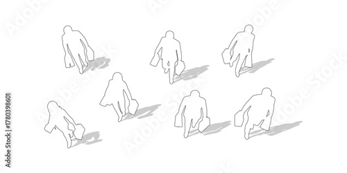 CAD Drawings. Top view of outline people holding shopping bags, walking or standing isolated on white background. Vector illustration.