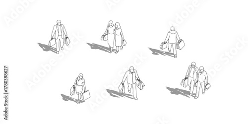CAD Drawings. top view of people shopping, walking, standing, and carrying shopping bags isolated on white background. Vector illustration.
