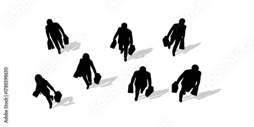 CAD Drawings. Top view of silhouette people holding shopping bags, walking or standing isolated on white background. Vector illustration.