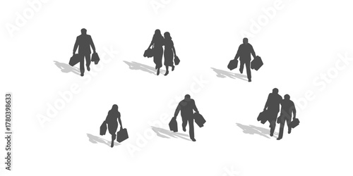 CAD Drawings. top view of silhouette people shopping, walking, standing, and carrying shopping bags isolated on white background. Vector illustration.